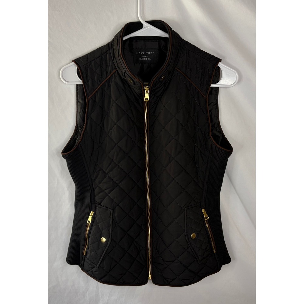 Love Tree Womens Quilted Puffer Vest Black Gold Zip Brown Trim Small Lightweight - Picture 9 of 10